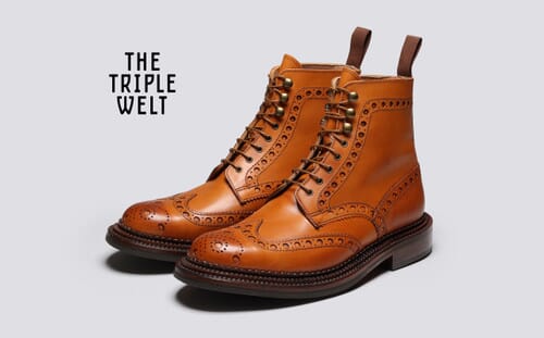 Fred Mens Triple Welt Brogue Boots in Tan Leather Grenson