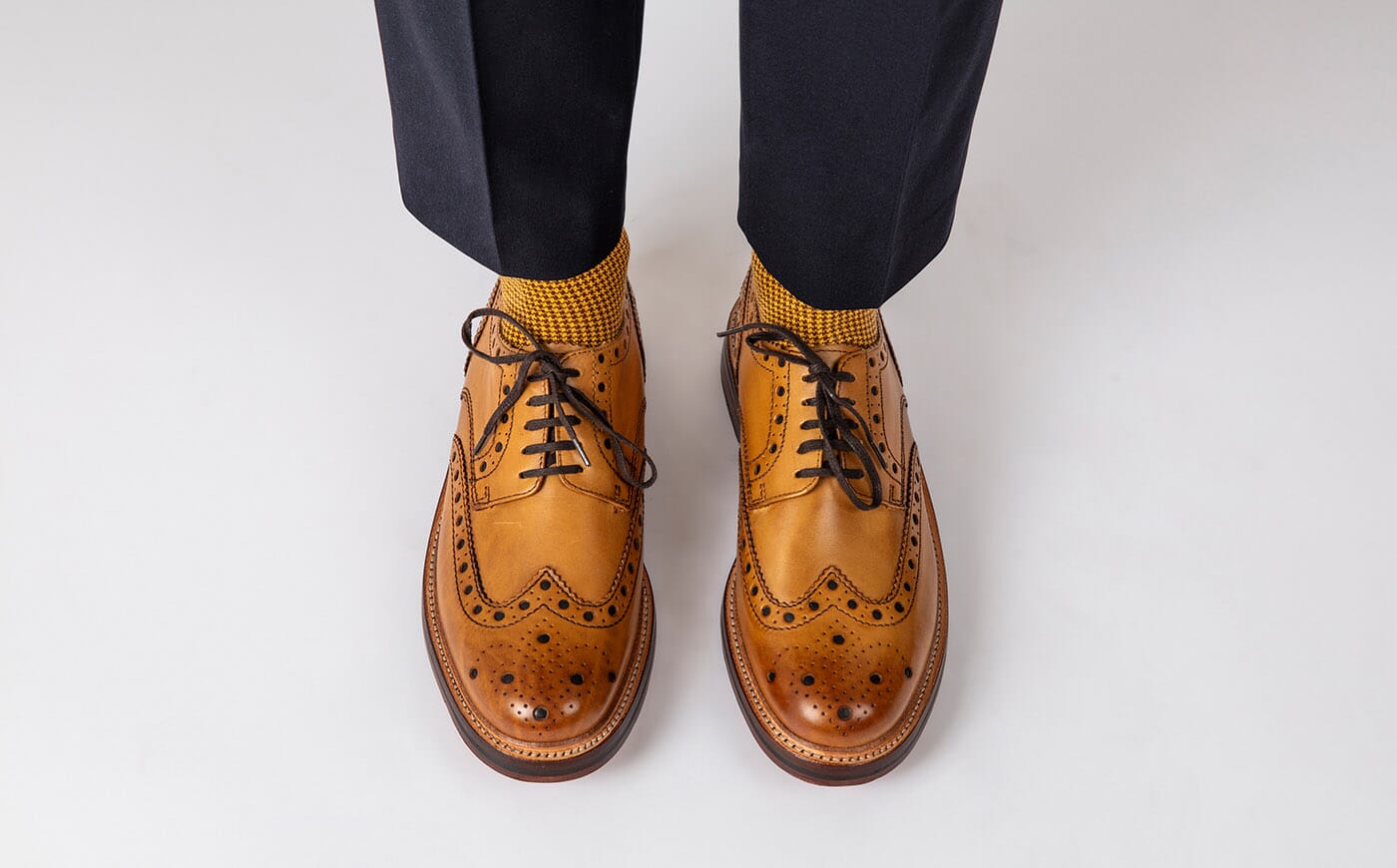 Grenson Archie メンズ レザー ネオン イエロー アクセント ウィングチップ ブローグ メンズ UK 10 Archie | Mens Gibson Brogue in Tan Calf Leather with a Leather
