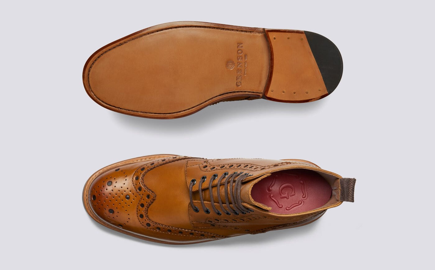 Fred | Mens Brogue Boot in Tan Calf Leather with a Leather Sole