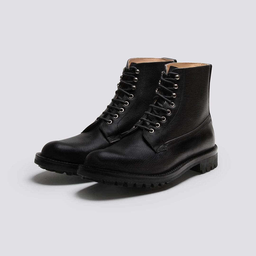 Vincent Mens Derby Boot in Black Russia Grain Leather with a Commando Sole Grenson Shoes