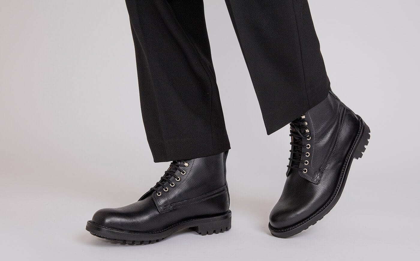 Vincent Mens Derby Boot in Black Russia Grain Leather with a Commando Sole Grenson Shoes