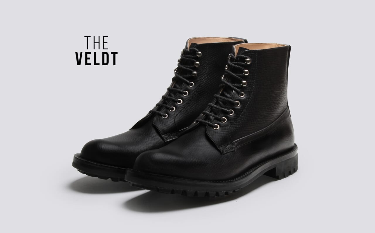 Vincent Mens Derby Boot in Black Russia Grain Leather with a Commando Sole Grenson Shoes
