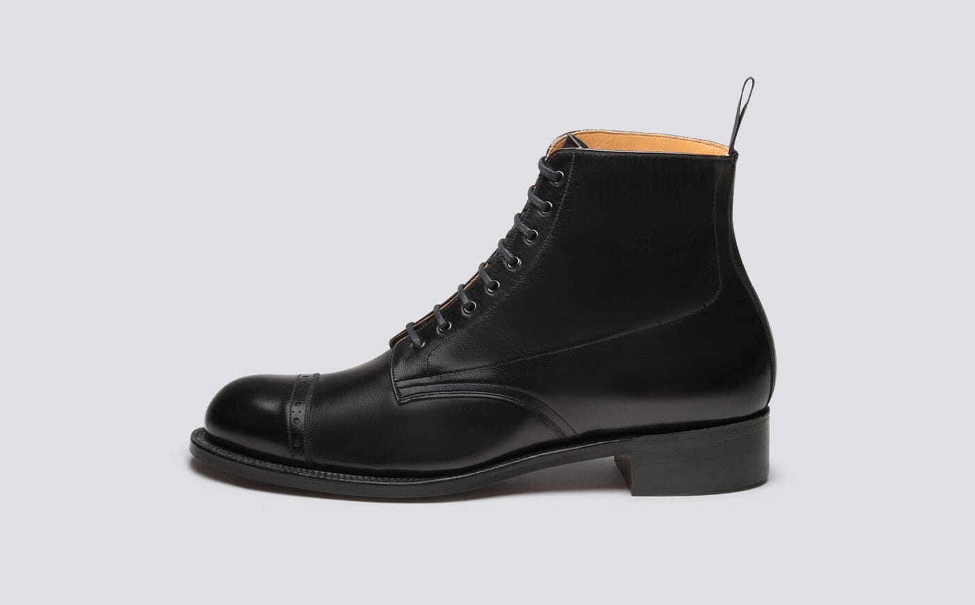 Shoe No.1 Mens Derby Boot in Black Glace Kid Leather on a Leather Sole Grenson Shoes