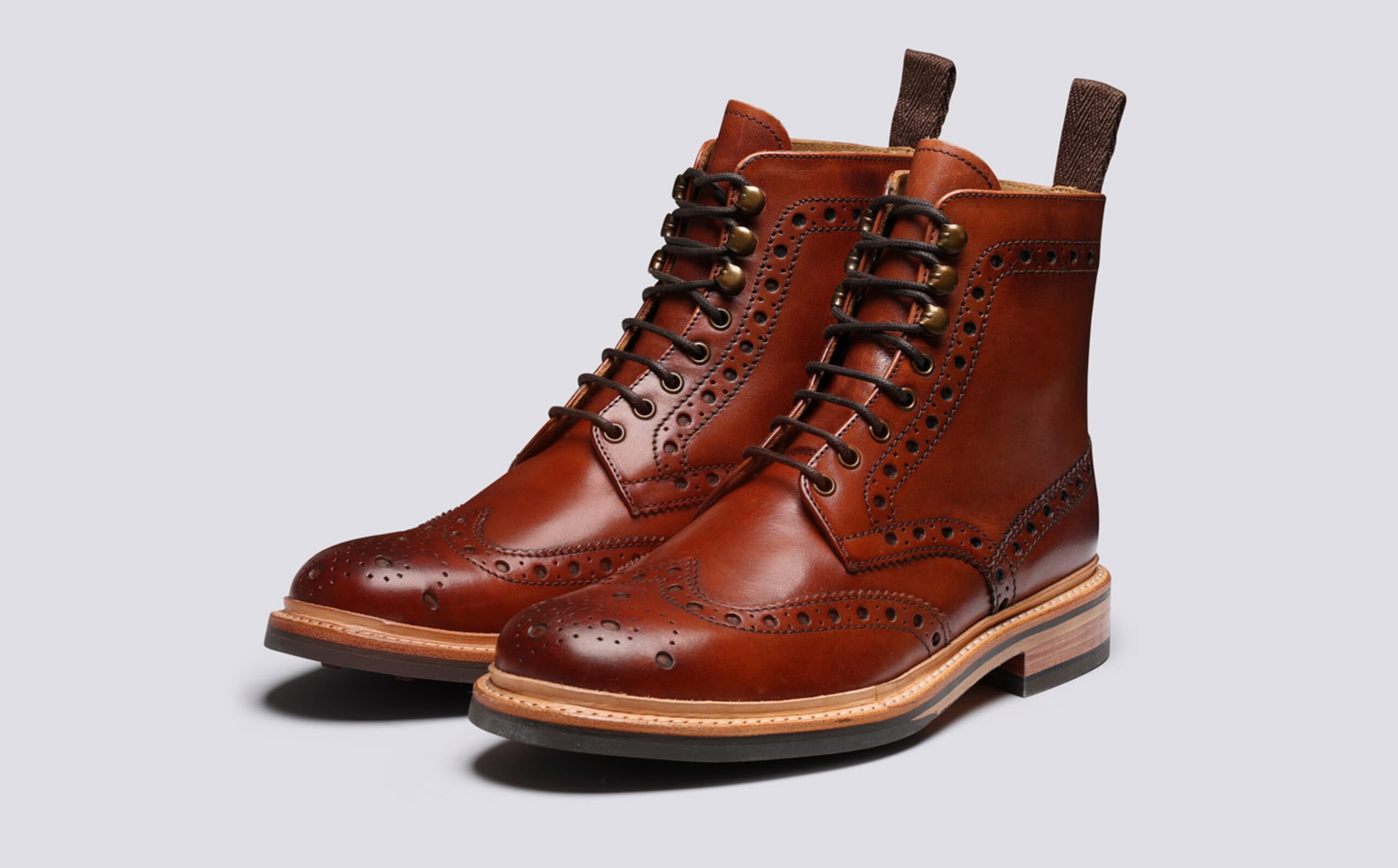 Fred | Mens Brogue Boots in Tan Handpainted Leather | Grenson