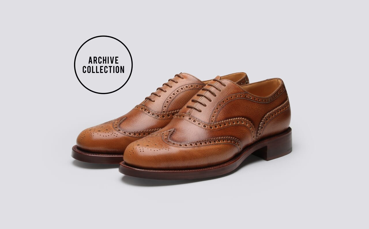 Stanley Mens Oxford Brogue in Tan Calf Leather with a Leather Sole Grenson