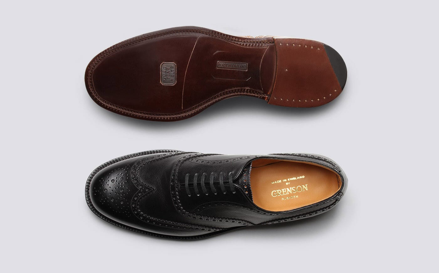 Shoe No.4 Mens Brogue in Black Grain Leather on a Leather Sole Grenson Shoes