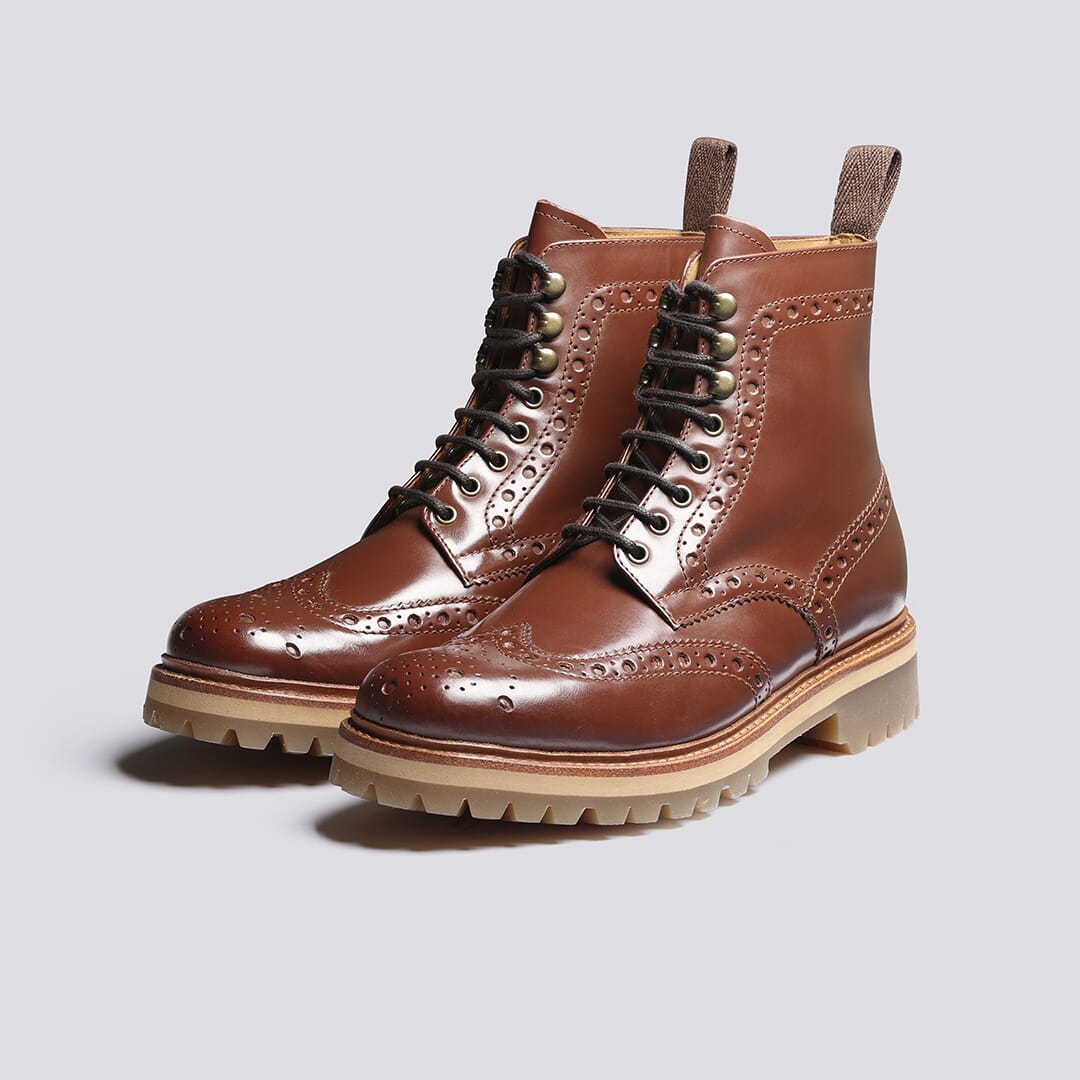 Fred | Mens Brogue Boots in Tan on Vibram Sole | Grenson