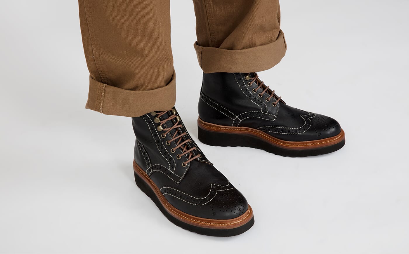 Fred | Mens Brogue Boots in Black Leather | Grenson