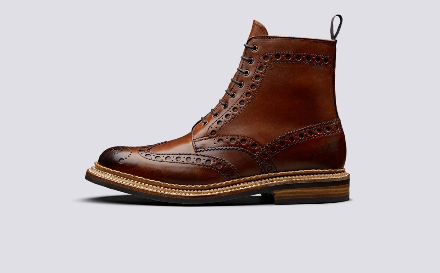 Fred Mens Brogue Boots in Tan with a Triple Welt and Rubber Sole Grenson