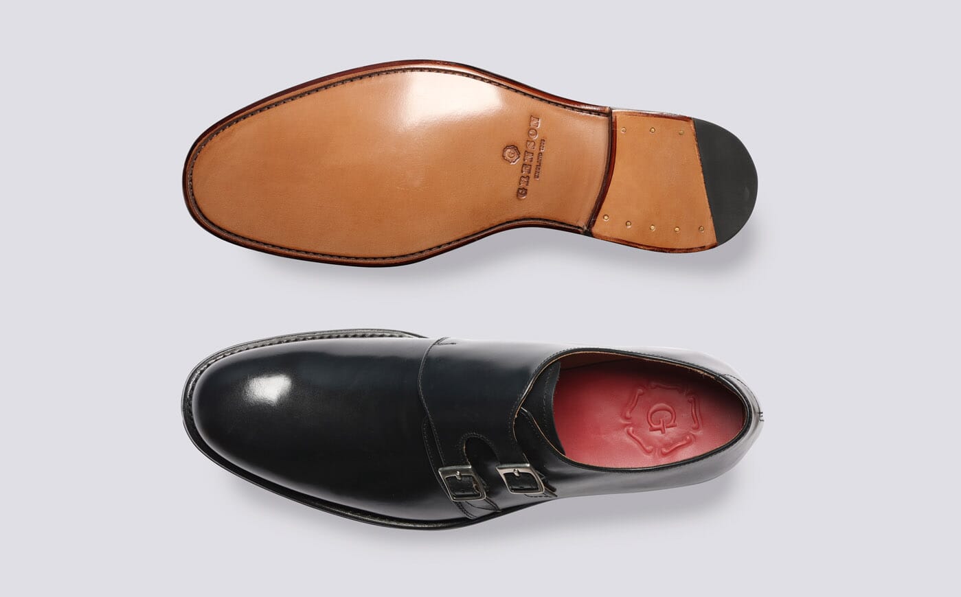 Atticus Mens Monk Shoes in Black Leather Grenson