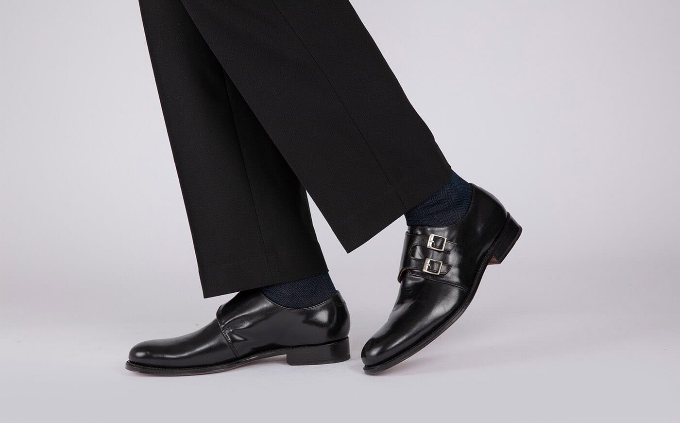 Atticus Mens Monk Shoes in Black Leather Grenson