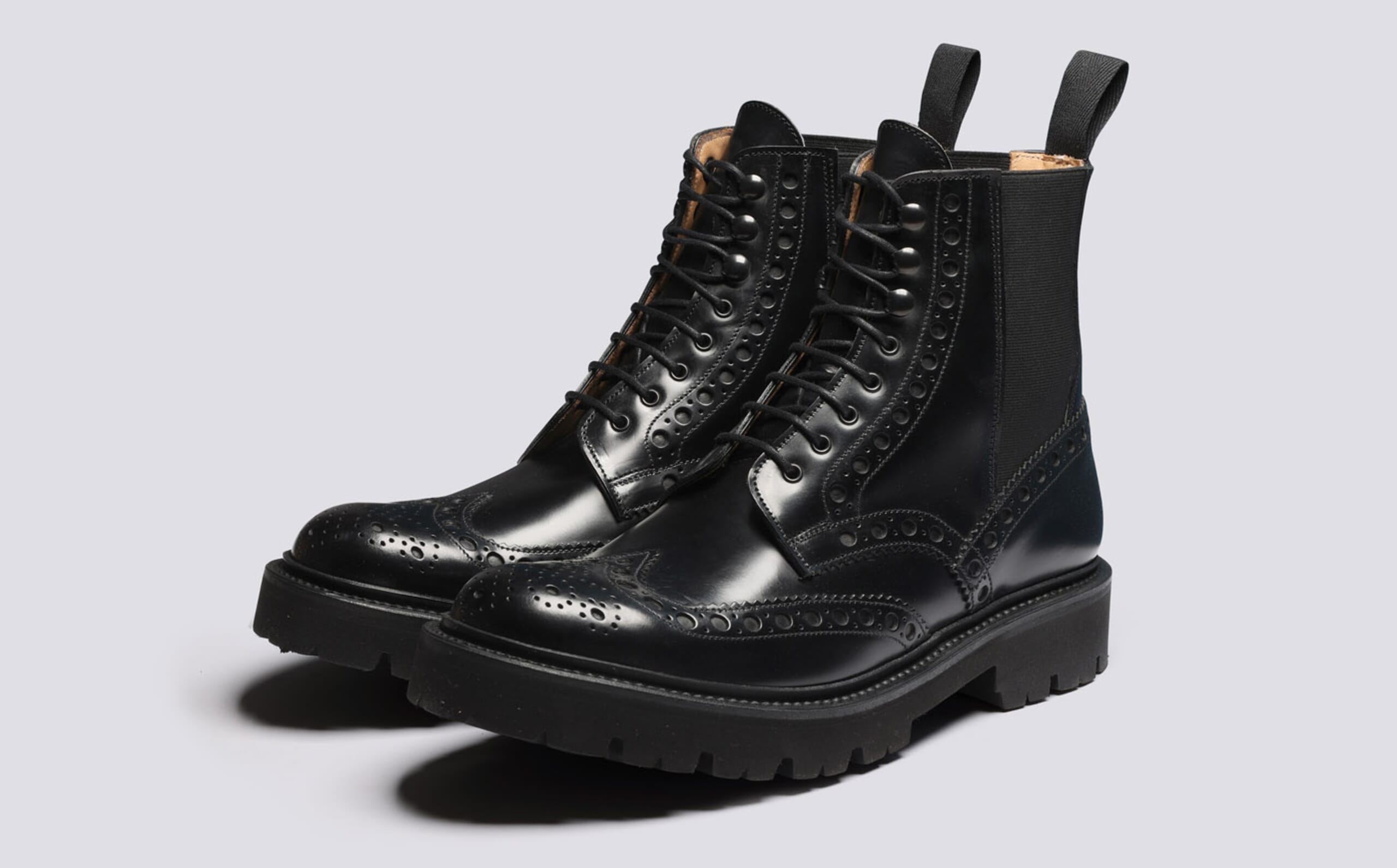 Fred Pull On | Mens Brogue Boots in Black | Grenson