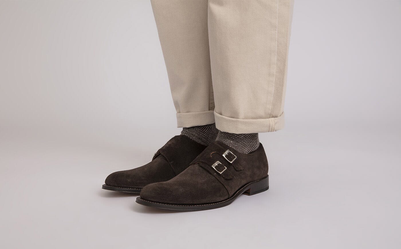 Atticus Mens Monk Shoes in Brown Suede Grenson