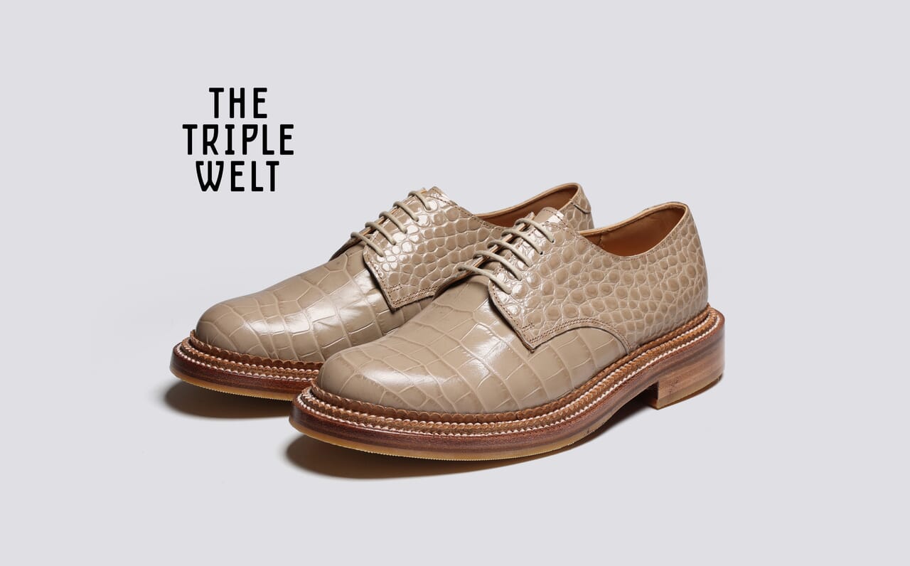 Curt Mens Triple Welt Derby Shoes in Beige Printed Leather Grenson
