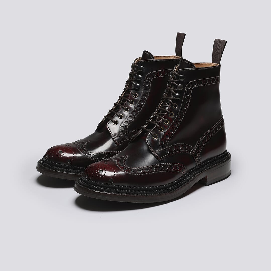 Fred Mens Triple Welt Brogue Boots in Burgundy Leather Grenson