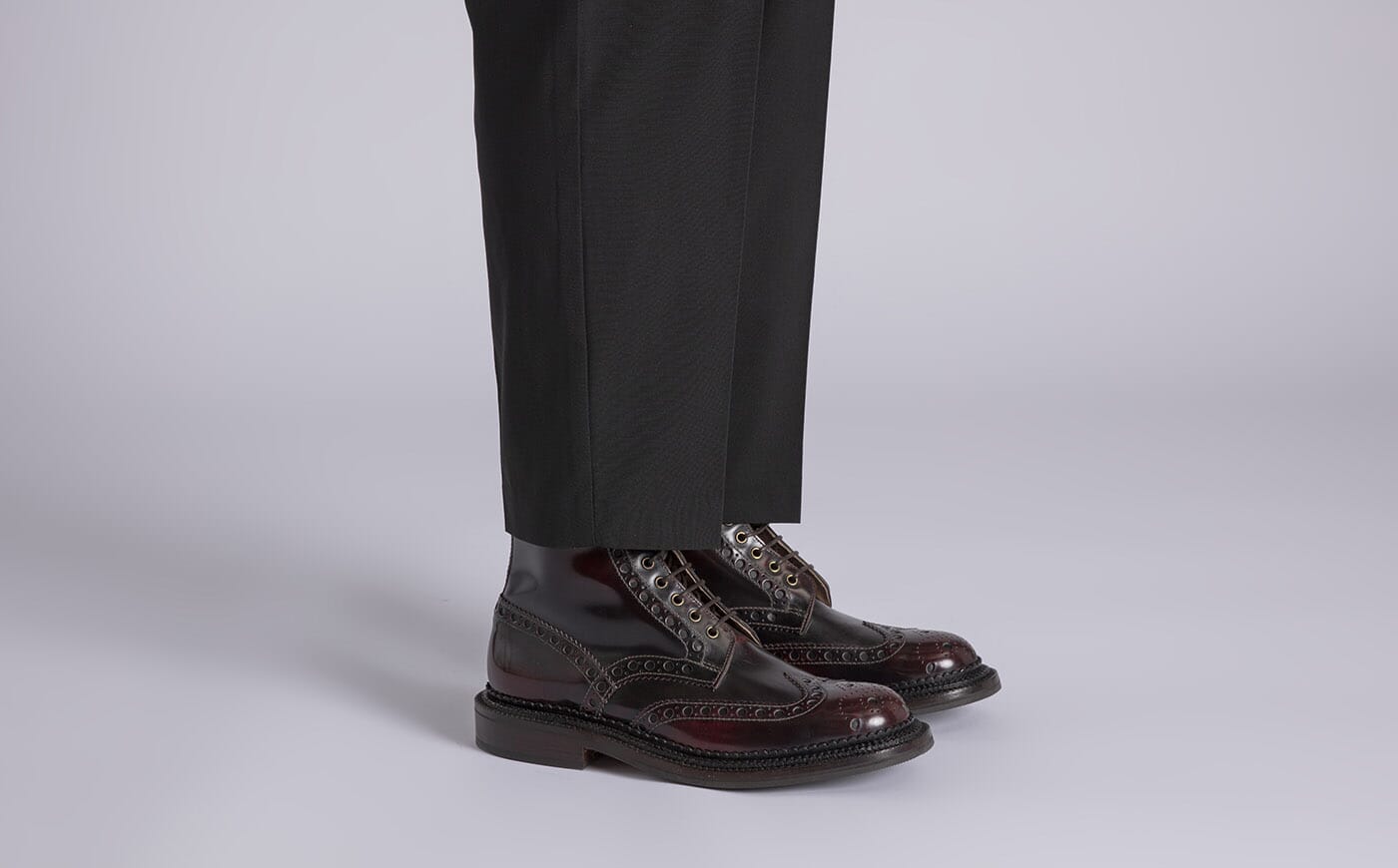 Fred Mens Triple Welt Brogue Boots in Burgundy Leather Grenson