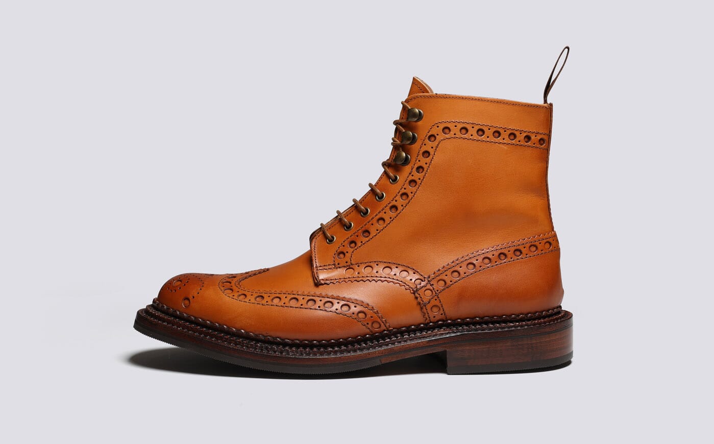 Fred Mens Triple Welt Brogue Boots in Tan Leather Grenson