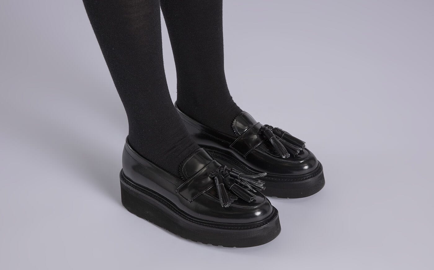 Clara Womens Loafers in Black Gloss Leather Grenson