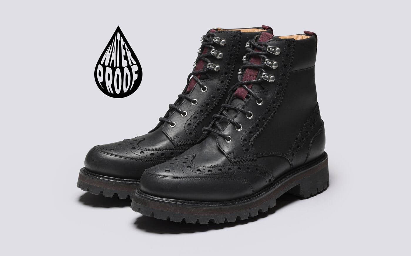 Fred WP Mens Brogue Boots in Black Waterproof Grenson