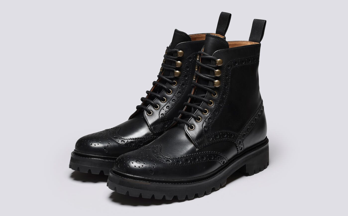 Fred Mens Brogue Boots in Black Leather Commando Sole Grenson