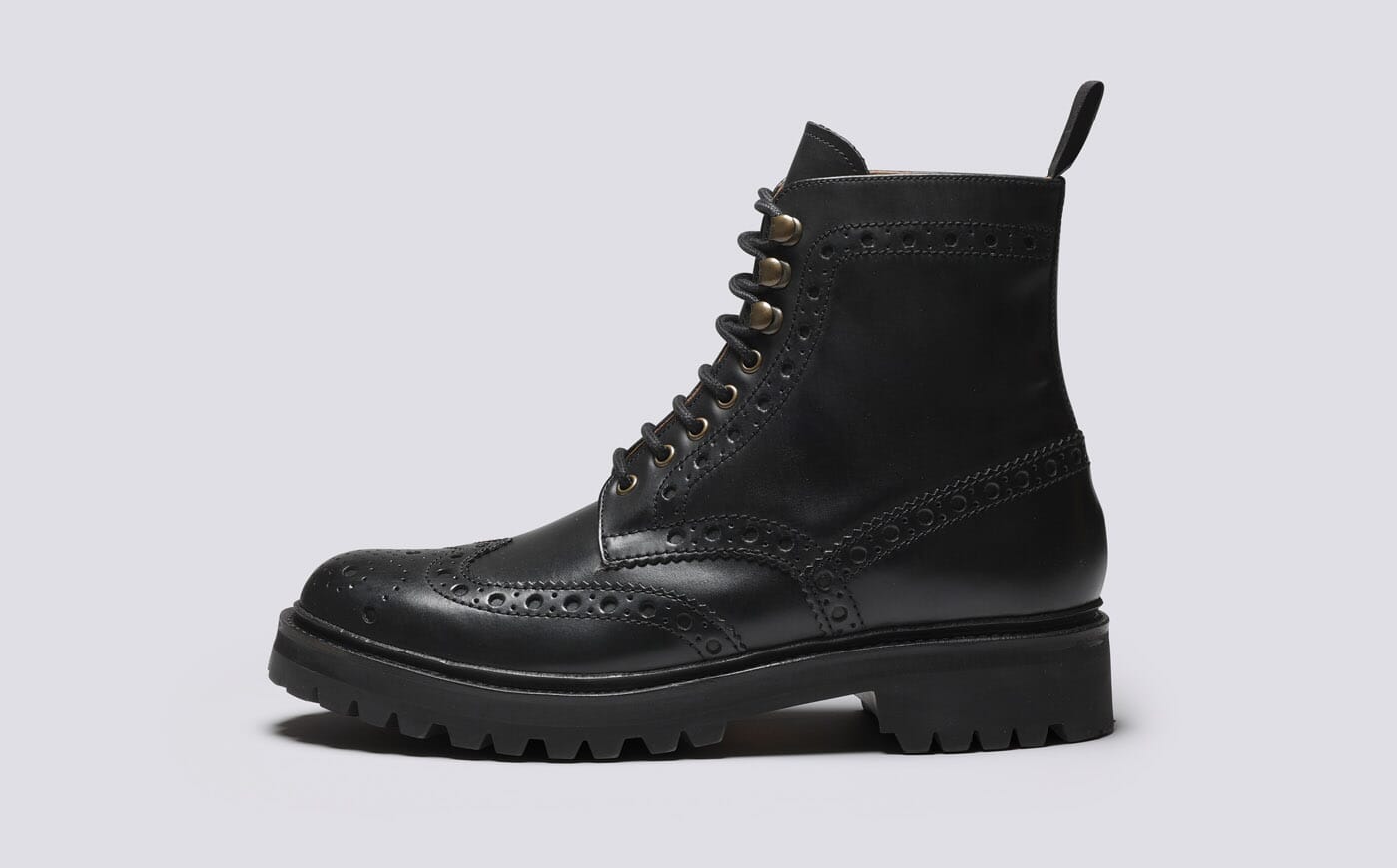 Fred Mens Brogue Boots in Black Leather Commando Sole Grenson