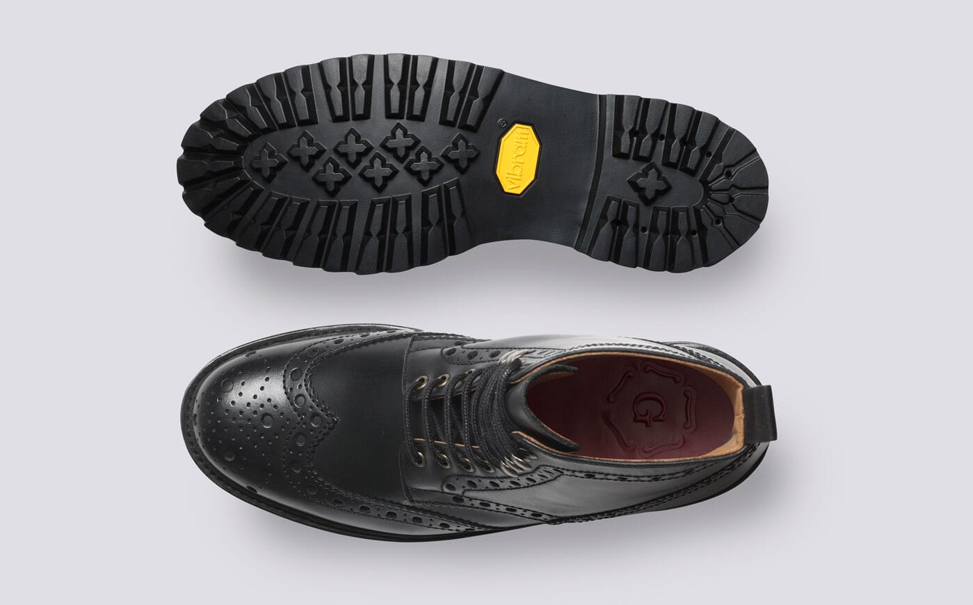 Fred Mens Brogue Boots in Black Leather Commando Sole Grenson