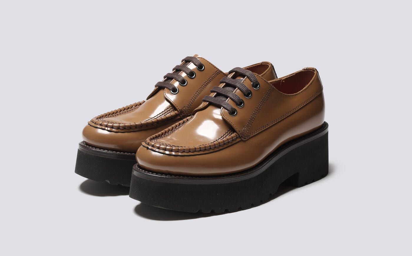 Blanche Womens Derby Shoes in Brown Gloss Leather Grenson