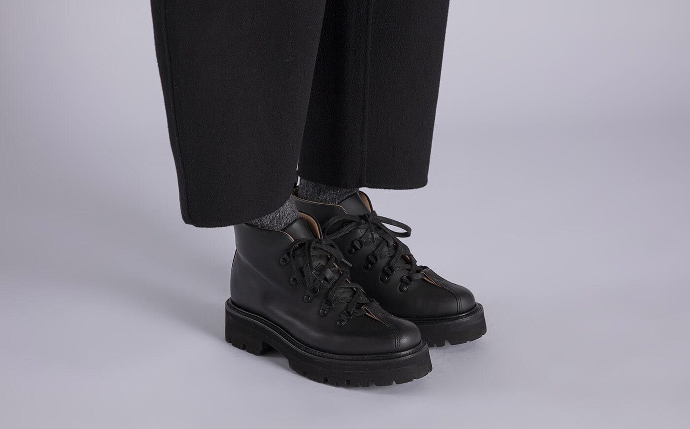 Bridget Womens Hiker Boots in Black Rubberised Leather Grenson