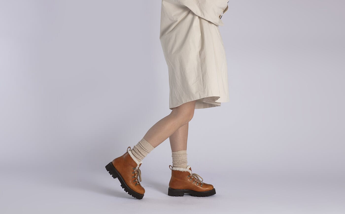 Bridget Womens Hiker Boots in Tan with Shearling Grenson