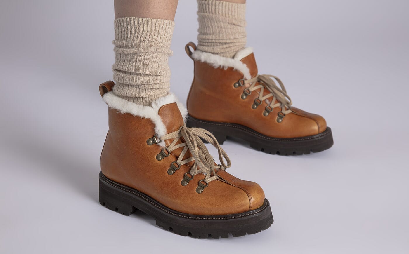 Bridget Womens Hiker Boots in Tan with Shearling Grenson