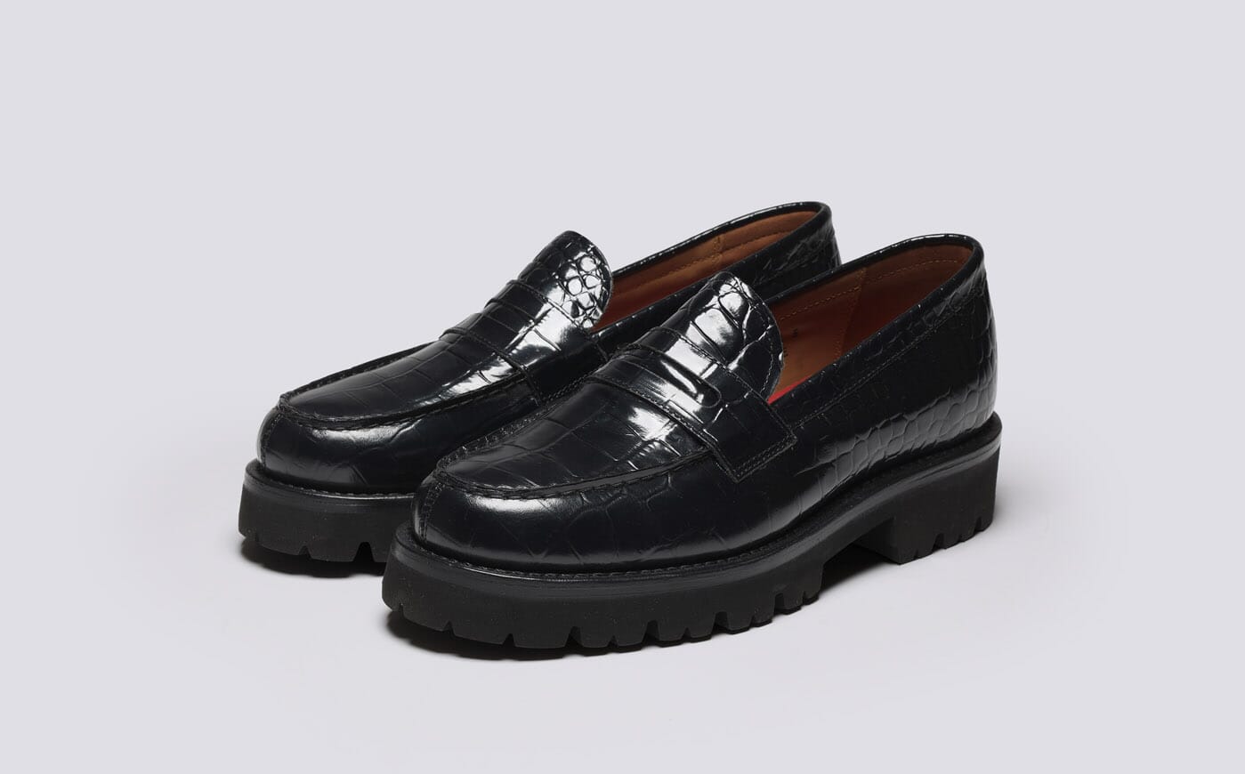 Philippa Womens Loafer in Black Hi Shine Leather Grenson