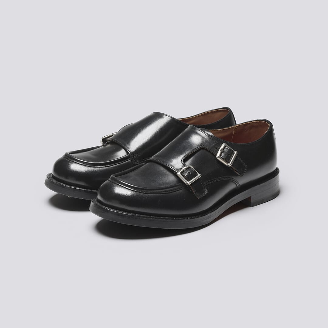 Andrea Womens Monk Shoes in Black Leather Grenson