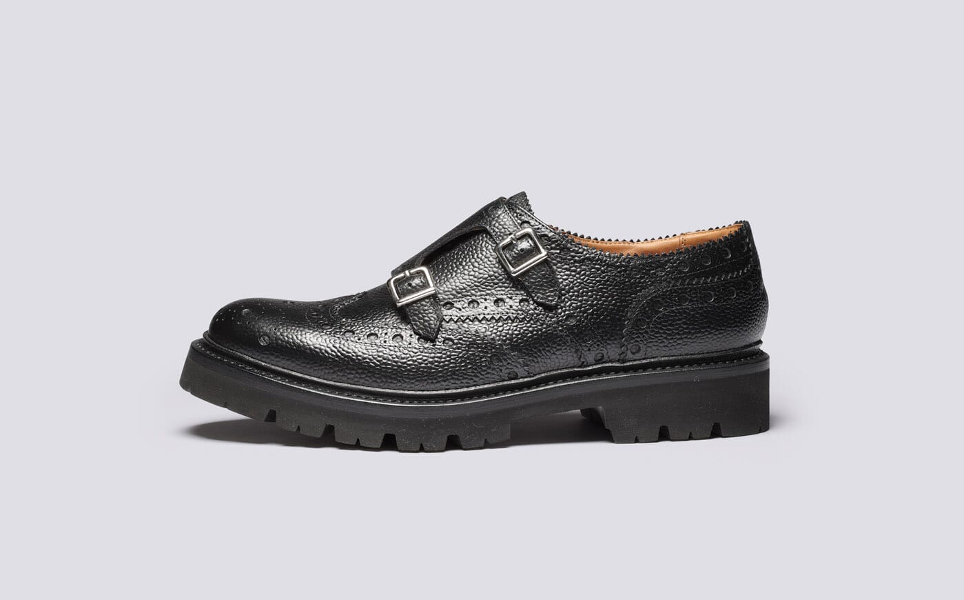 Archer | Mens Brogue Monk Shoe in Black Leather | Grenson