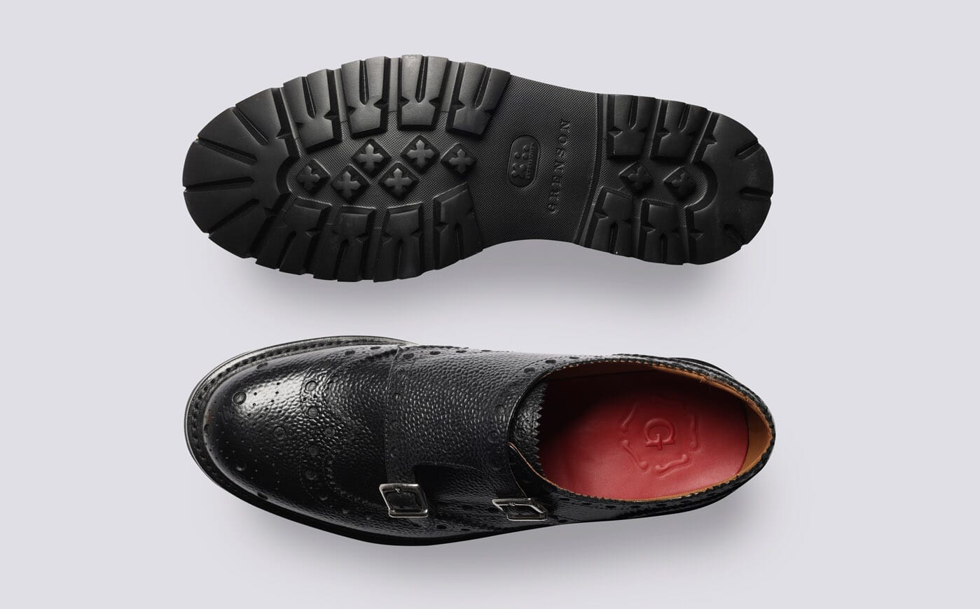 Archer | Mens Brogue Monk Shoe in Black Leather | Grenson