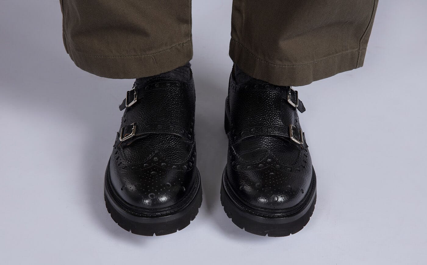 Archer | Mens Brogue Monk Shoe in Black Leather | Grenson