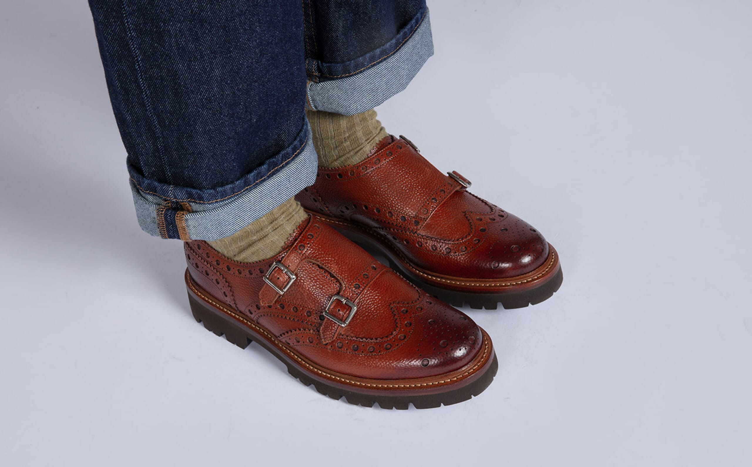 Archer | Mens Brogue Monk Shoe in Tan Leather | Grenson display picture 1
