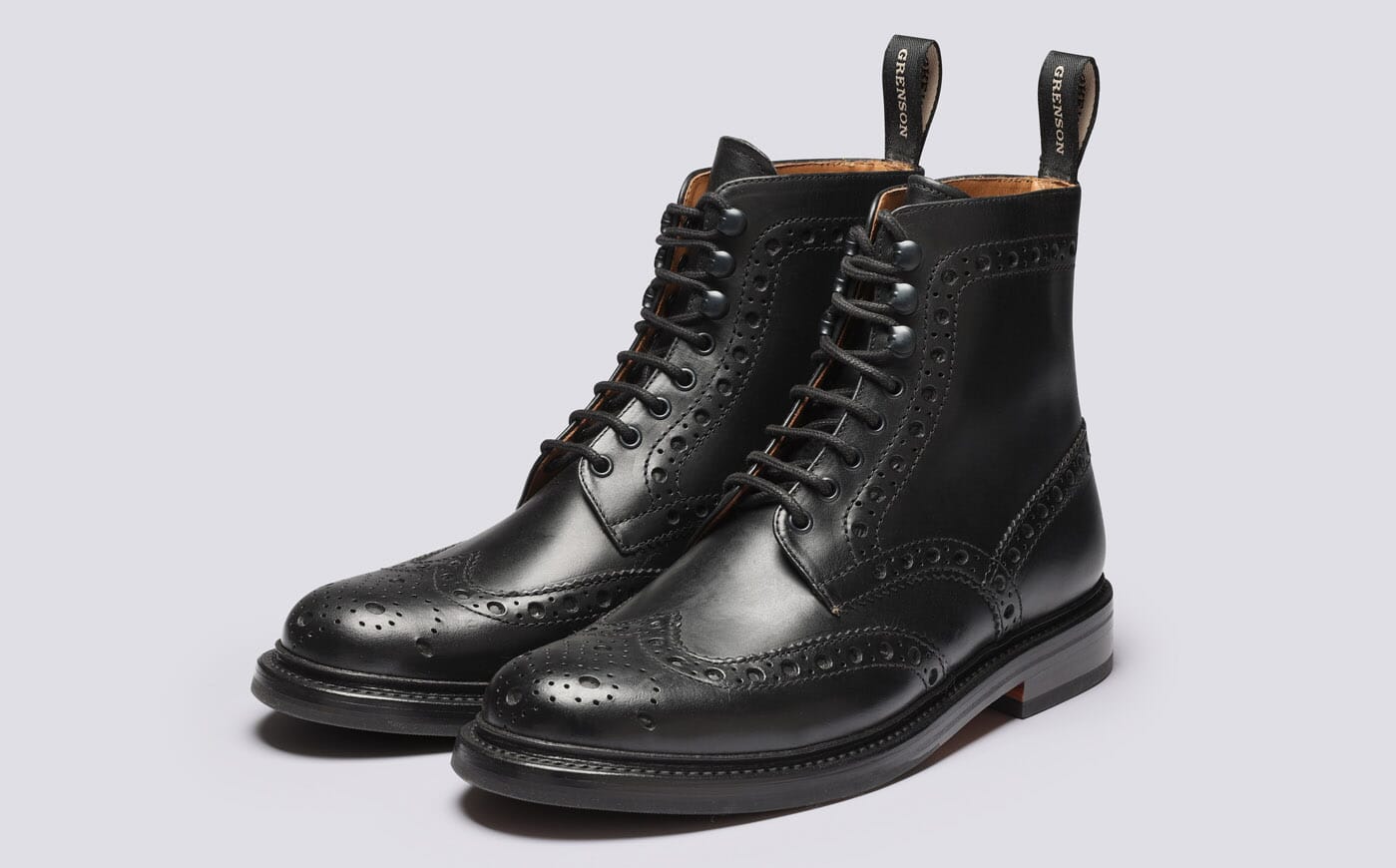Fred | Mens Brogue Boots in Black Pull Up Leather | Grenson