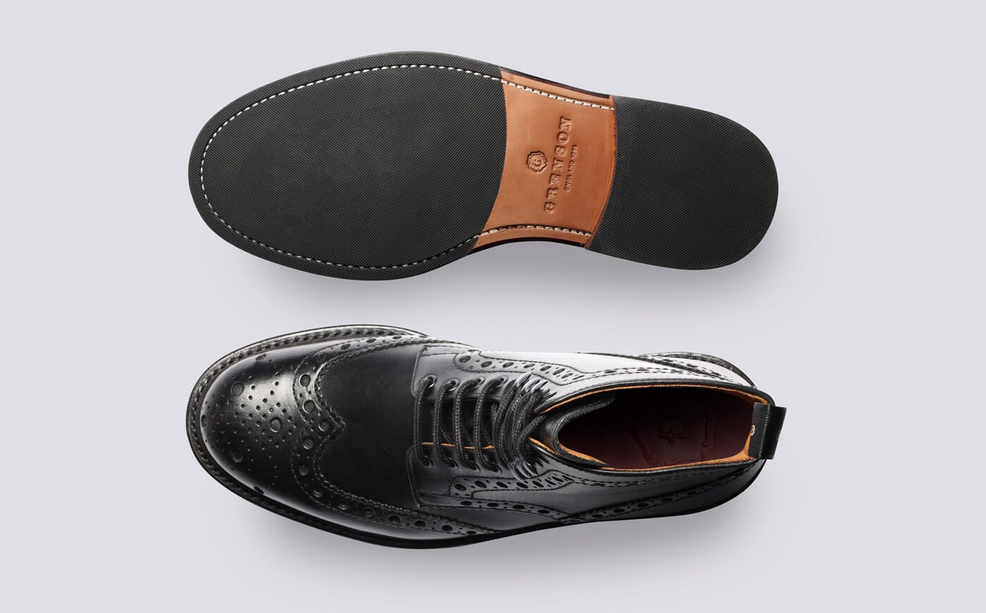 Fred | Mens Brogue Boots in Black Pull Up Leather | Grenson