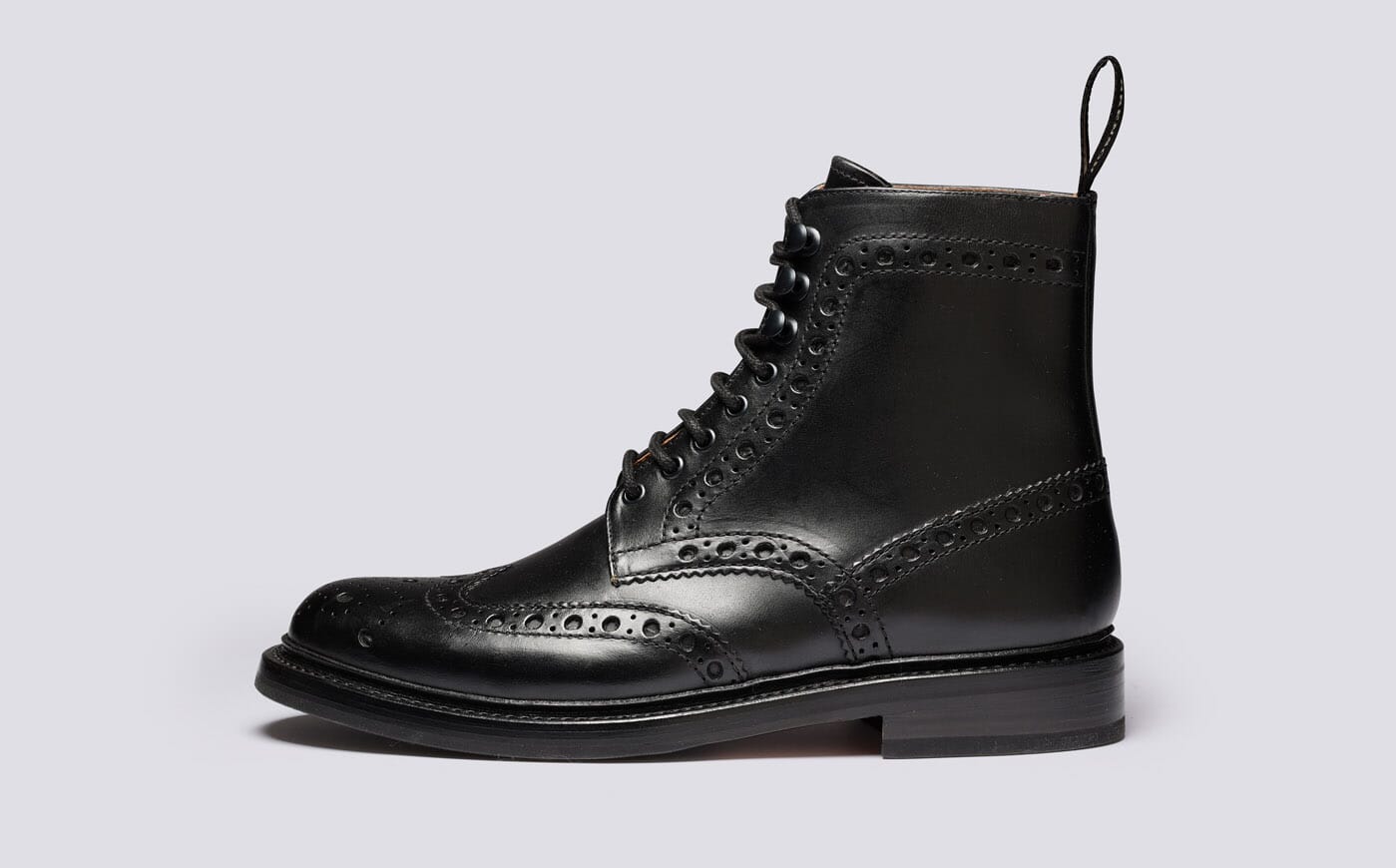 Fred | Mens Brogue Boots in Black Pull Up Leather | Grenson
