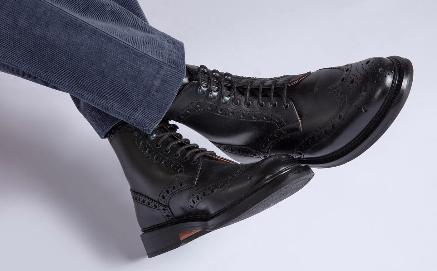 Fred | Mens Brogue Boots in Black Pull Up Leather | Grenson