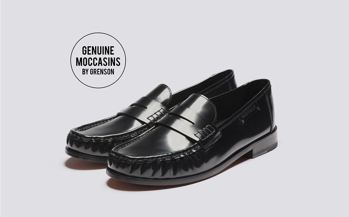 Simeon | Mens Moccasin Loafers in Black Hi Shine Leather  display picture 1