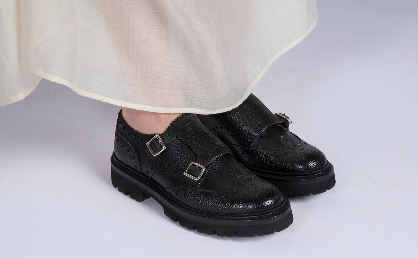 Ariel | Women's Double buckled, Black Leather Wingcap Brogue | Grenson