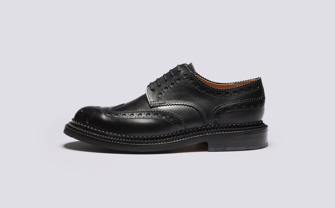 Archie Mens Brogues in Black Leather with Triple Welt Grenson