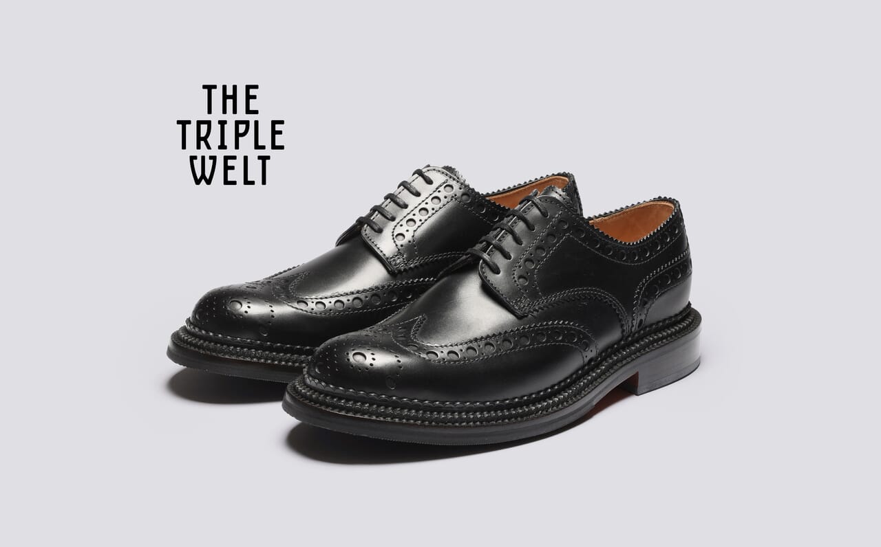 grenson Archie Mens Brogues in Black Leather with Triple Welt