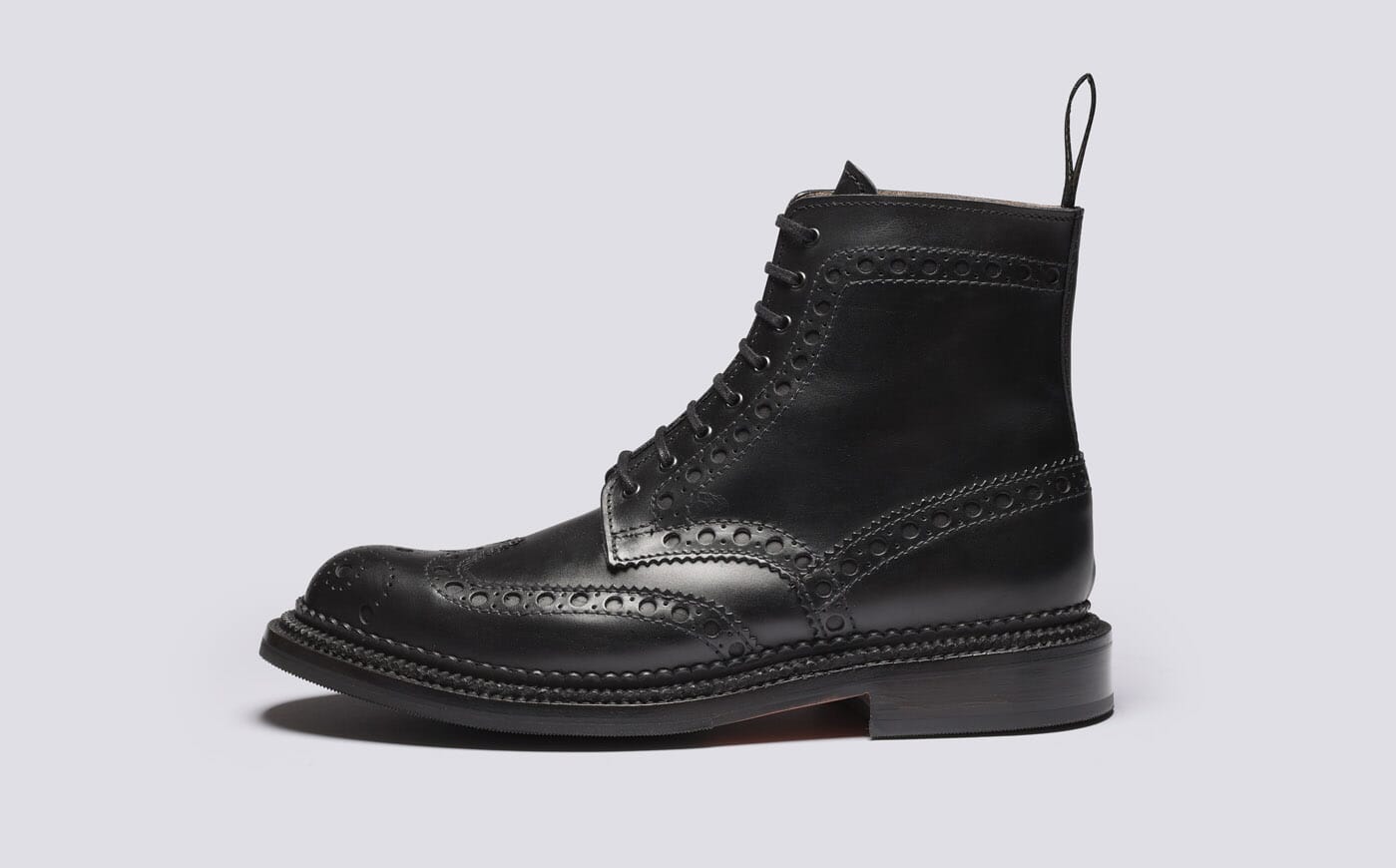Fred | Mens Triple Welt Brogue Boots in Black Leather | Grenson