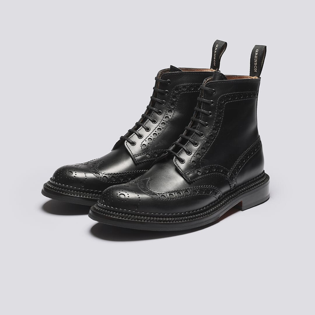 Fred | Mens Triple Welt Brogue Boots in Black Leather | Grenson