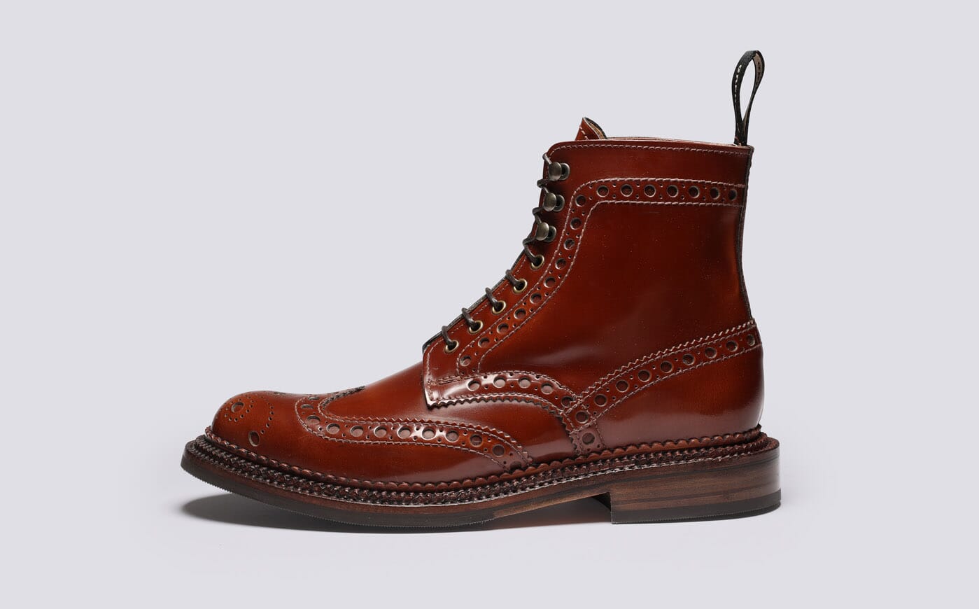 Fred | Mens Triple Welt Brogue Boots in Mid Brown Leather | Grenson