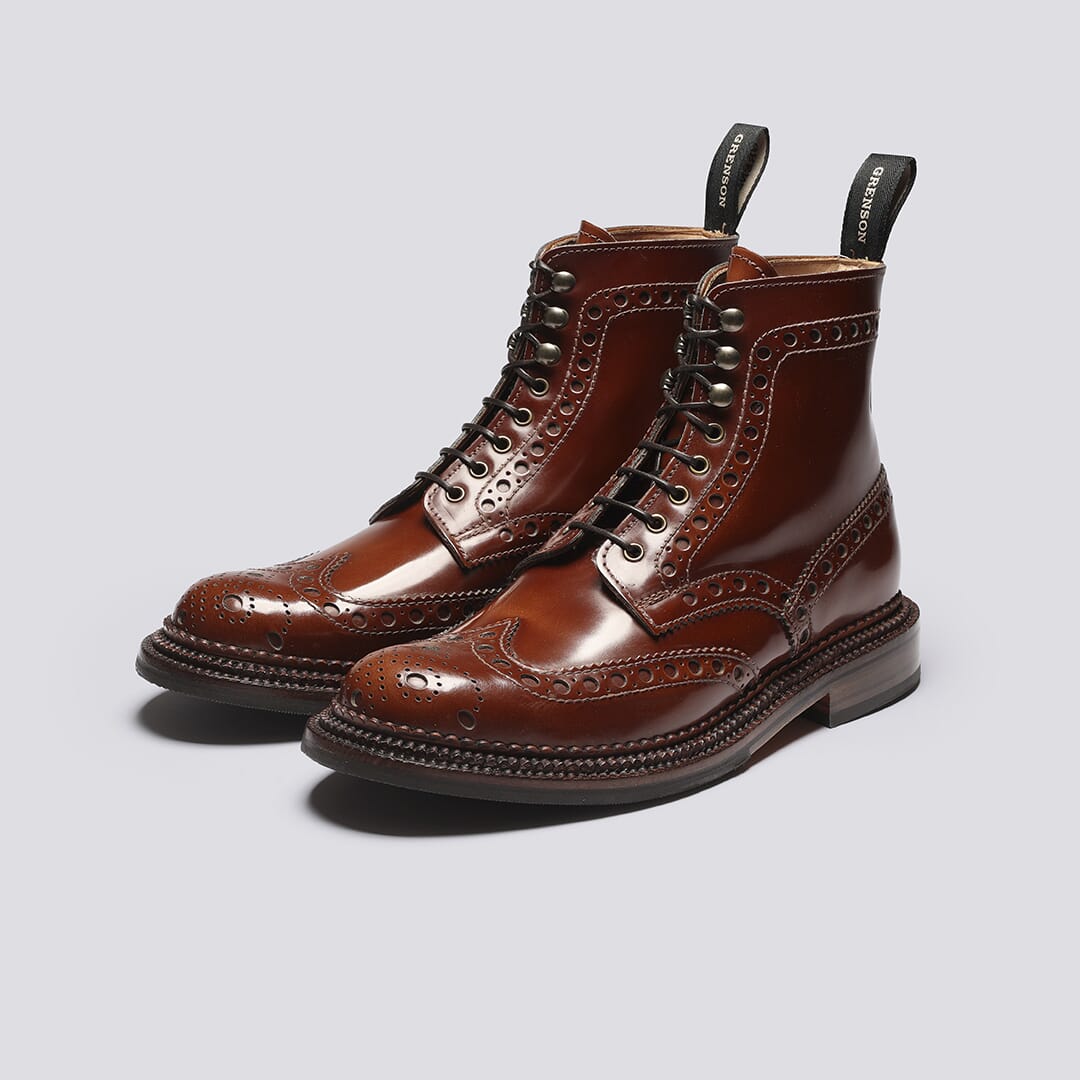 Fred | Mens Triple Welt Brogue Boots in Mid Brown Leather | Grenson