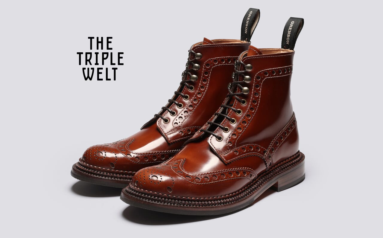 Fred | Mens Triple Welt Brogue Boots in Mid Brown Leather | Grenson