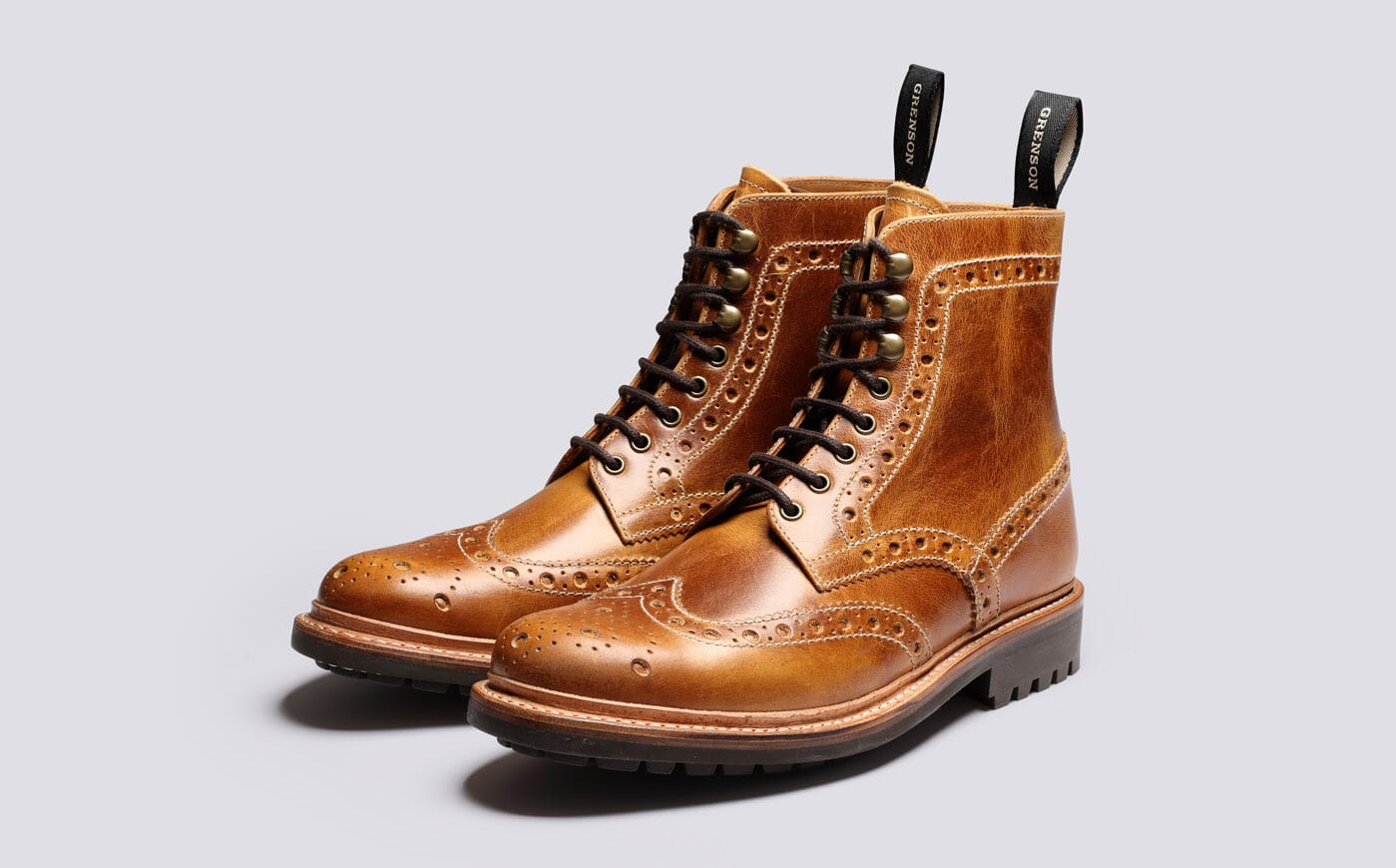 Fred | Mens Brogue Boots in Tan Pull Up Leather | Grenson